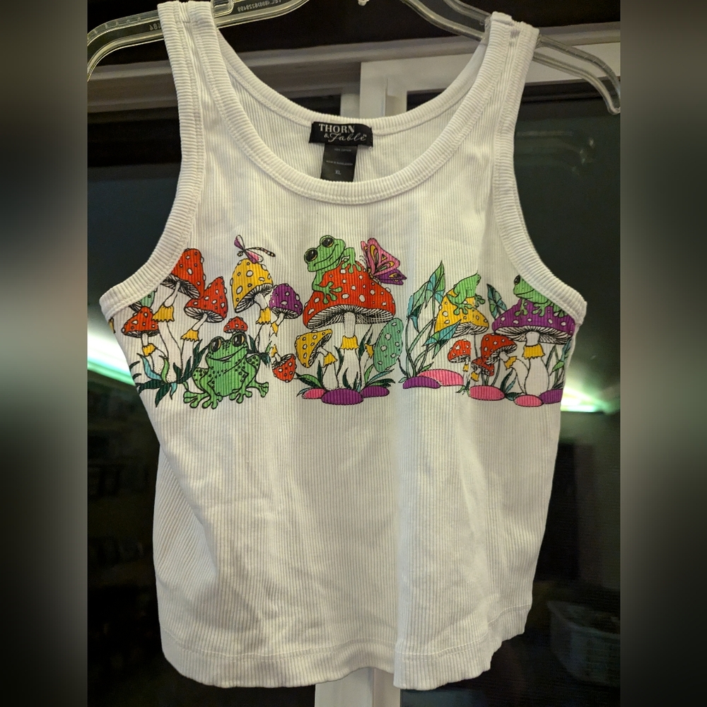 White Tank Top with Mushrooms on the front